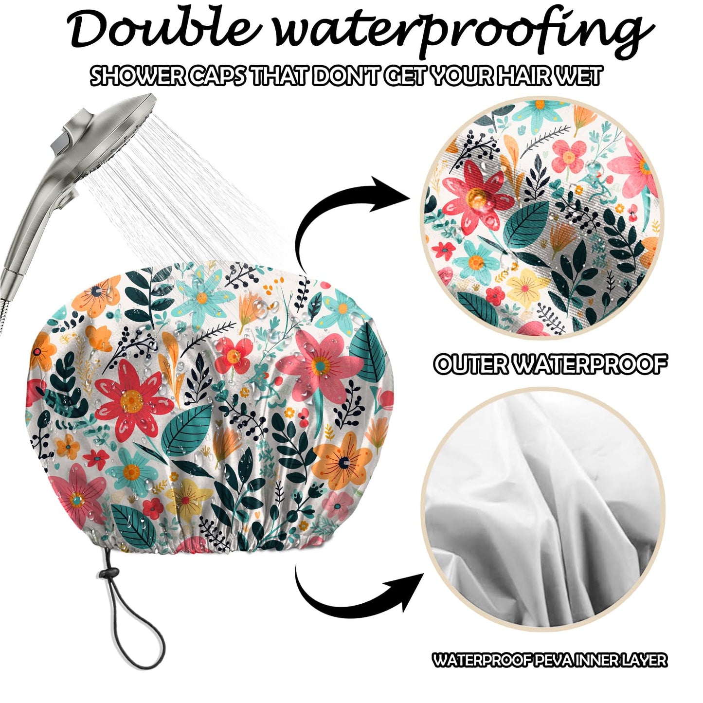 Deokke 2 PCS Shower Cap Reusable Waterproof Adjustable Double Layer Elastic Dry Hair Bathing Caps Aesthetic Cute for Women Girls-Pink Flower