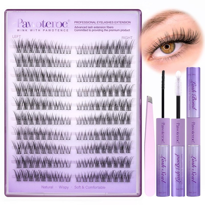 Pawotence Wispy Lash Clusters Kit Cat Eye Lash Extension Kit 180pcs Natural Individual Lashes Left Right Cluster Eyelash Extensions Kit with Lash Bond and Seal, Lash Tweezers for Self Application