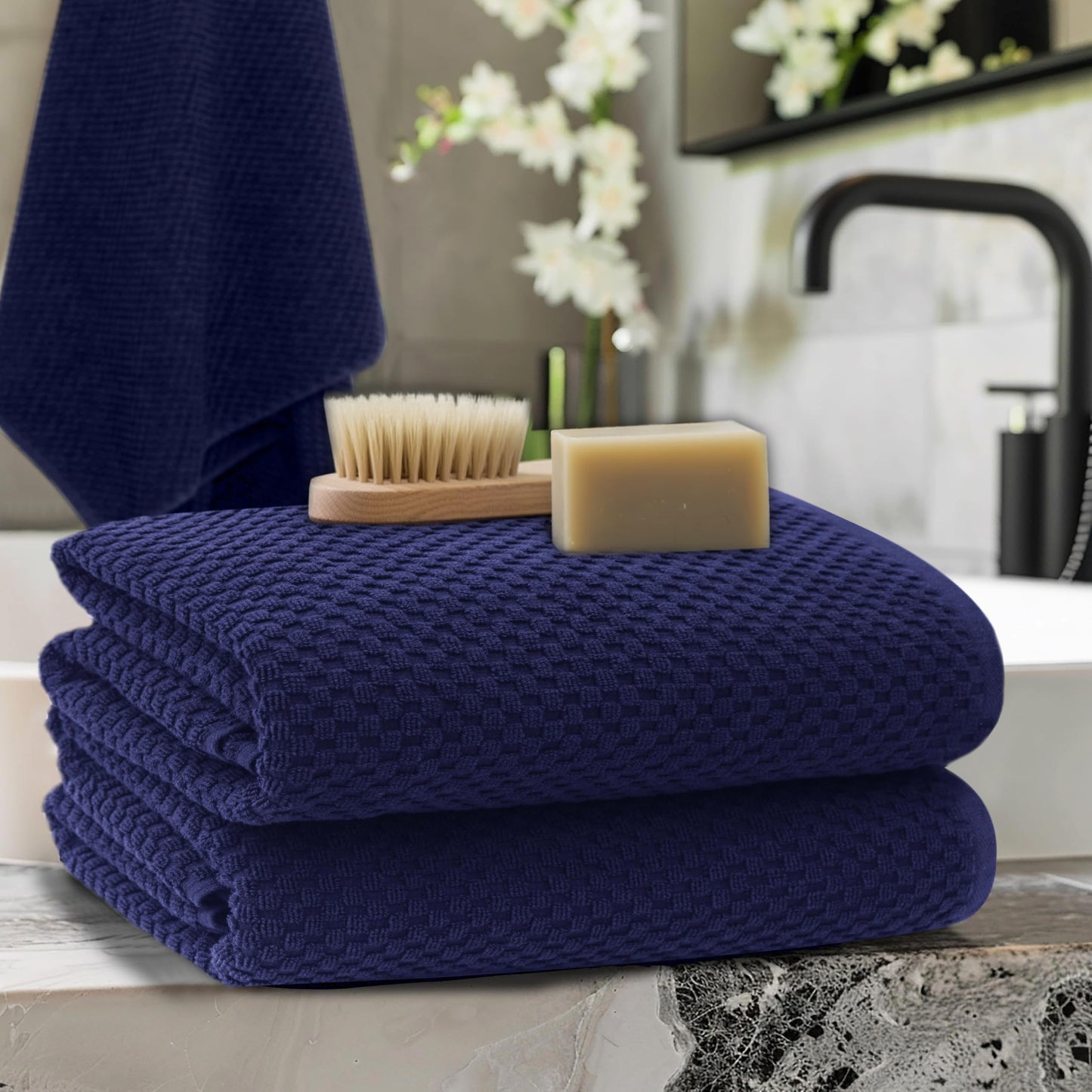 COTTON CRAFT Waffle Bath Sheets - Luxurious 2 Pack Euro Spa Waffle Weave Bath Sheets - Large 100% Ringspun Cotton Bath Towels - Absorbent Quick Dry Bathroom Towel Set - Oversized 35 x 70 inches - Navy