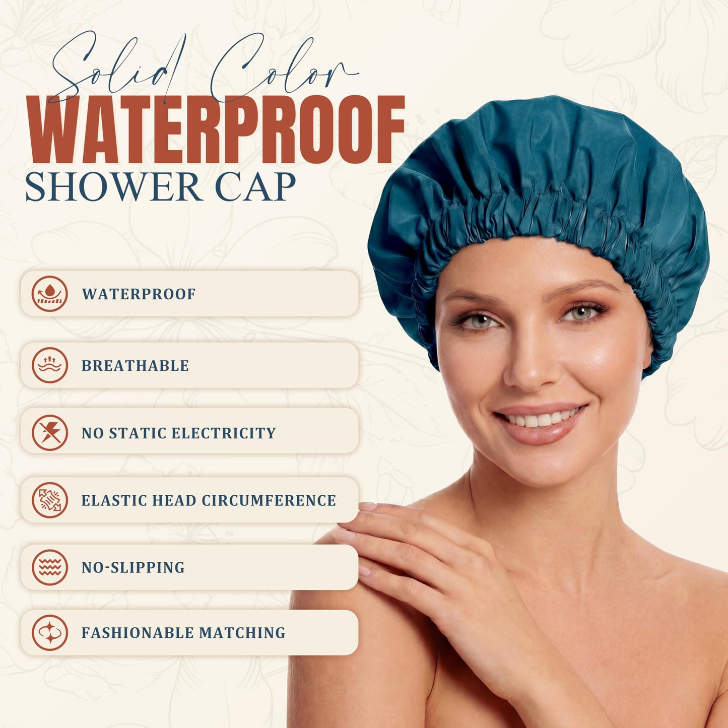 Reusable Shower Cap for Women, Large Waterproof Shower Bonnet with Elastic Band, Washable Bath Hair Cap for Long, Curly Hair, Braids, Daily Shower, Home Spa, Travel(Blue Zircon)