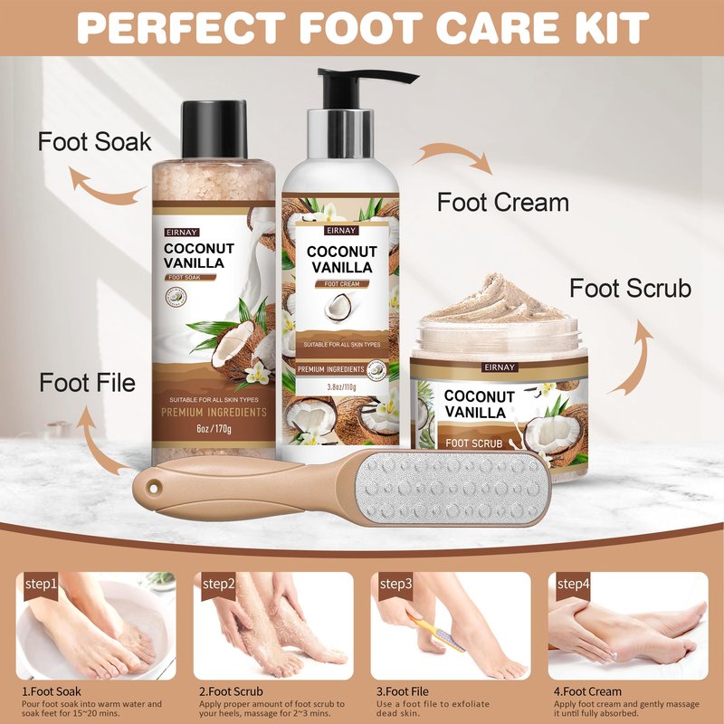 EIRNAY Coconut & Vanilla Foot Soak Set - Salts, Foot File, Scrub & Urea Cream Pedicure Supplies for Dry, Cracked Feet - Foot Spa Pedicure Kit for Women Men