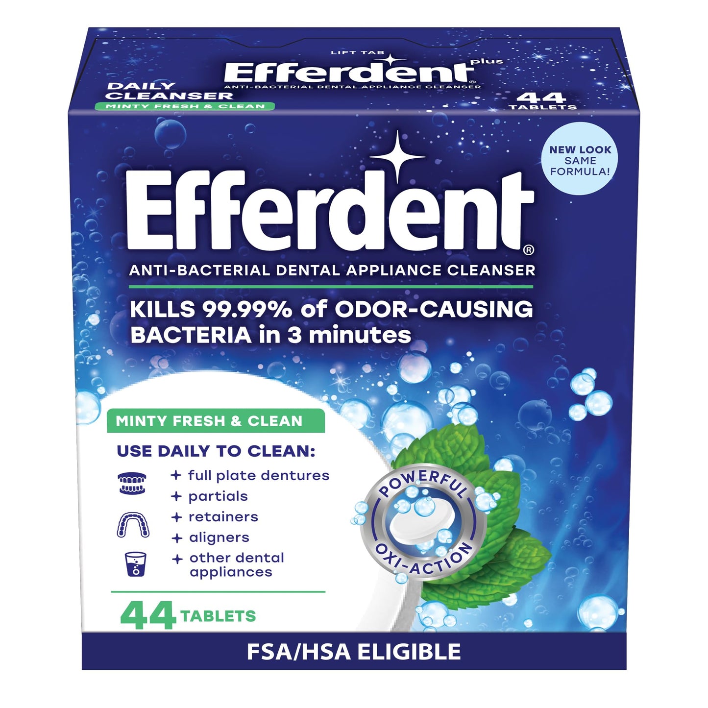 Efferdent Denture Cleaner Tablets – Dental Appliances, Aligners, Mouth Guard, and Retainer Cleaner Tablets, Minty Fresh & Clean, 44 Count