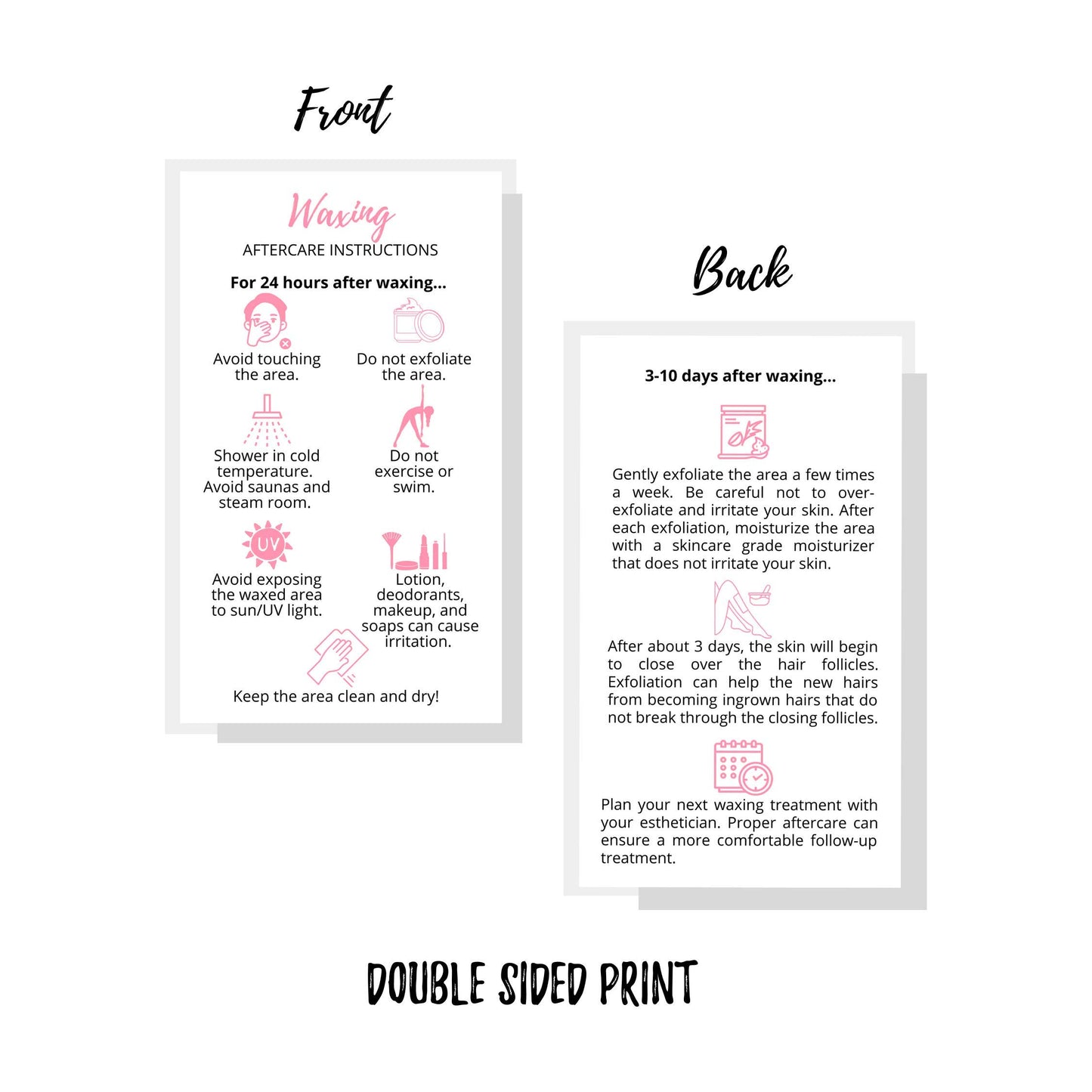 Waxing Aftercare Cards | 50 Pack | Size 2 x 3.5” inches Business Card Size | Waxing Aftercare Kit Cards PMU | Aftercare Instructions White with Pink Icons Design