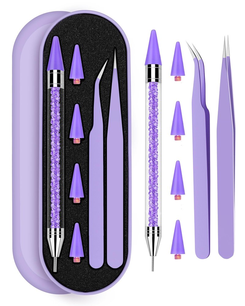 Rhinestone Picker Tool Set,Rhinestone Applicator Tool,Rhinestone Picker Dotting With 4 Extra Purple Replaceable Wax Head and 2 Tweezer (Purple)