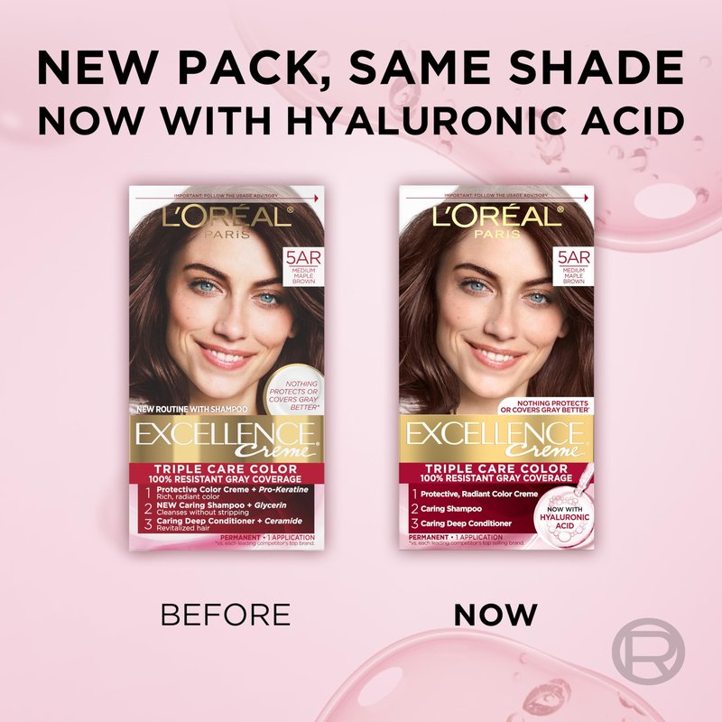 L'Oreal Paris Excellence Crème Permanent Hair Dye, Triple Care Hair Color with Hyaluronic Acid for 100% Gray Coverage, 5AR Medium Maple Brown, 1 Kit (Pack of 2) (Packaging May Vary)