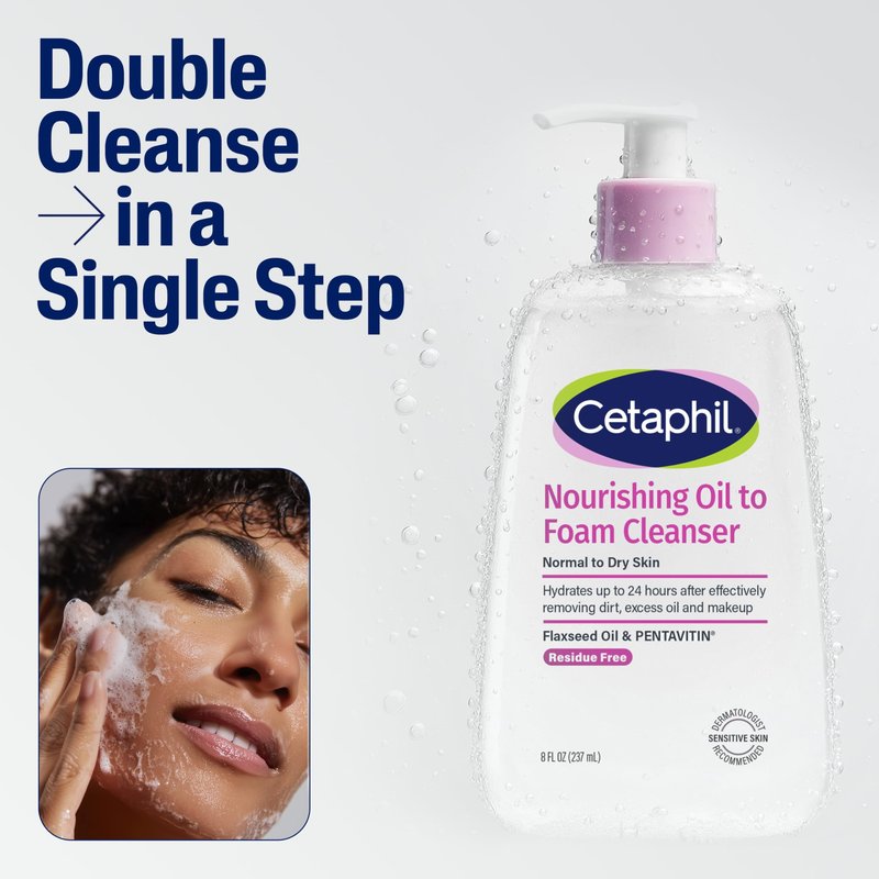 Cetaphil Nourishing Oil to Foam Facial Cleanser for Normal to Dry Skin, up to 24 Hour Hydration, 8 fl oz