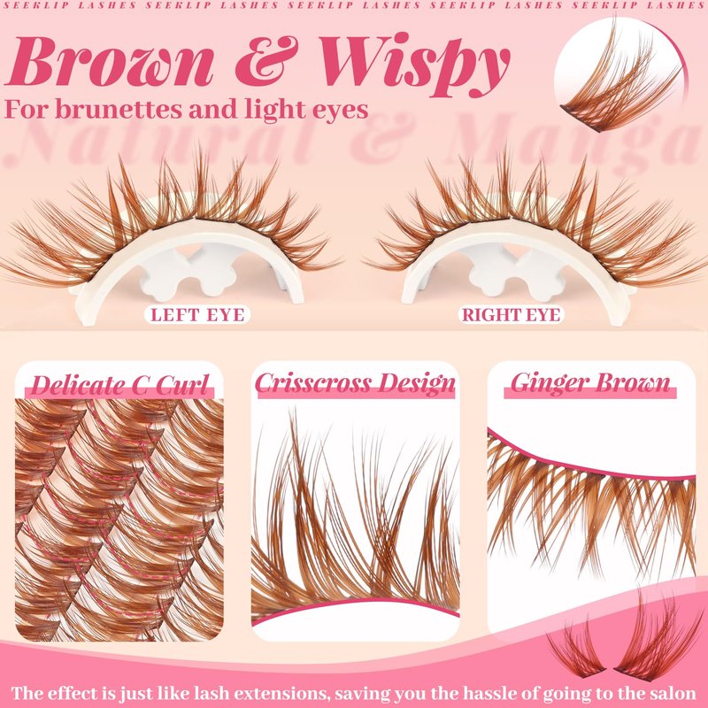 Brown Lashes Clusters Wispy Eyelash Clusters Natural Cluster Eylash Extensions Fluffy Eye Lash Clusters 8-16mm Cluster Eyelashes Soft Lightweight Individual Lashes with Thin Band (Drifter Brown)