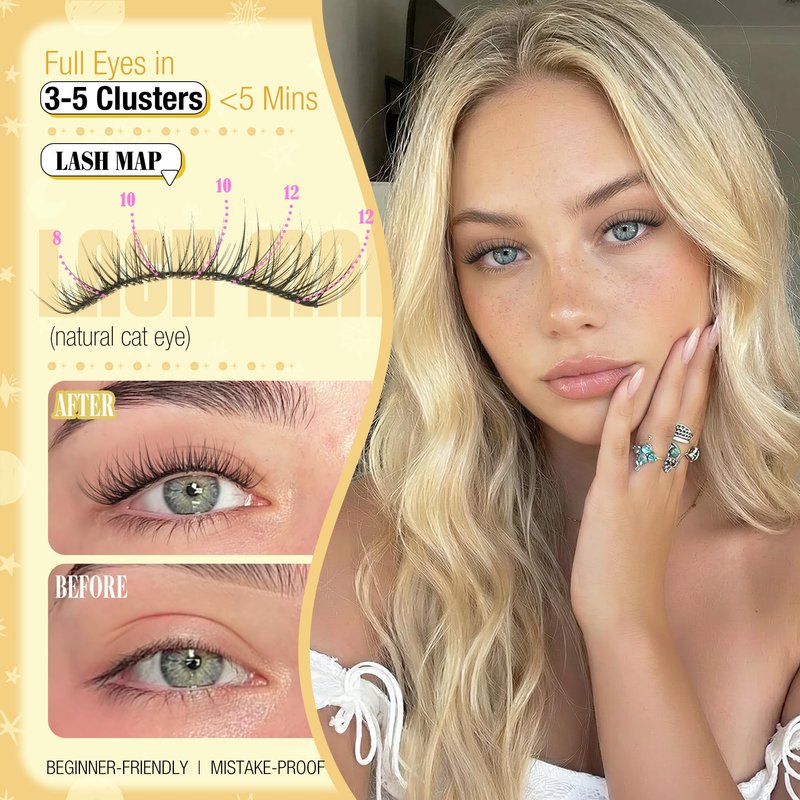 Short Lash Clusters Natural Cluster Eyelash Extensions 8-10-12MM Clear Band Cluster Lashes Extensions Wispy Individual Lashes CC-Curly Eyelash Clusters Pestañas Postizas Naturales 144Pcs DIY Lashes