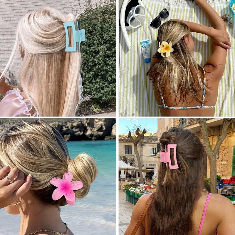 Flower Hair Clips - Square Claw Clips for Thick or Thin Hair | 6 PCS Hawaiian Hibiscus & Plumeria Set (Pink)