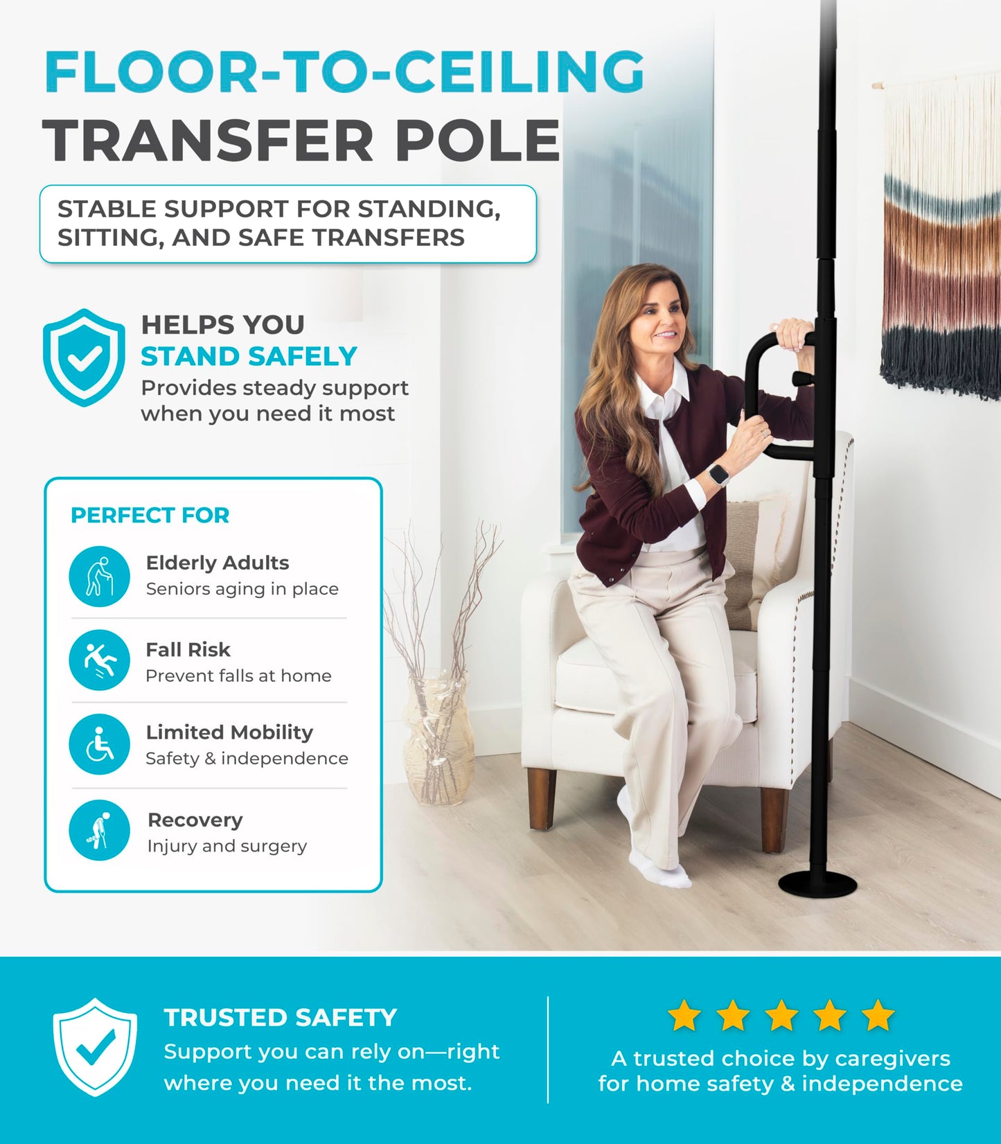 Stander Security Pole and Curve Grab Bar, Elderly Tension Mounted Floor to Ceiling Transfer Pole, Bathroom Safety Assist and Stability Rail, Metallic Black