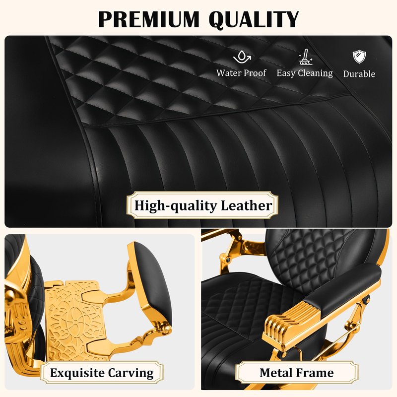 Luxitero Vintage Barber Chair Reclining Black Gold,Heavy-Duty Barbershop Chair,Retro Styling Hair Salon Chair, 550 lbs Capacity