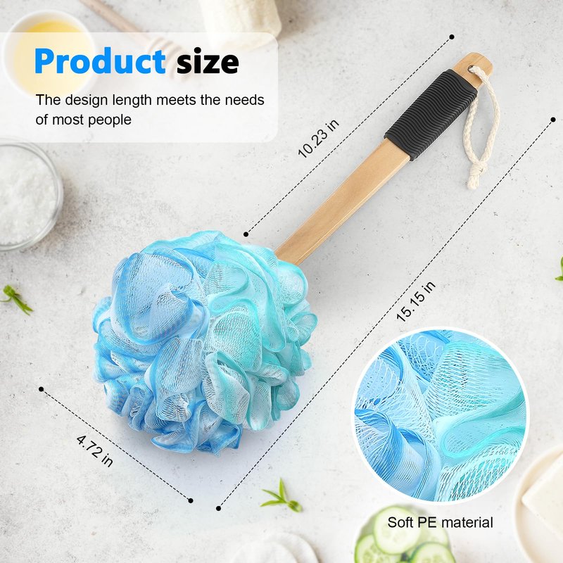 Loofah on a Stick PE Soft Mesh Luffa with Non-Slip Wooden Handle Made of Soft and Sturdy Rubber Material Back Scrubber for Shower for Women and Men with String for Easy Hanging(Blue Green White)
