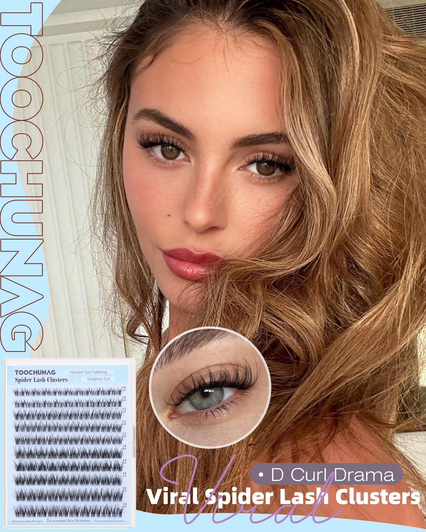 TOOCHUNAG Spider Lash Clusters Breeze Wispy Cluster Eyelash Extensions Fluffy Individual Lashes Clusters 10-16mm D Curly Volume Eyelash Clusters Natural Look with Invisible Band for DIY at Home