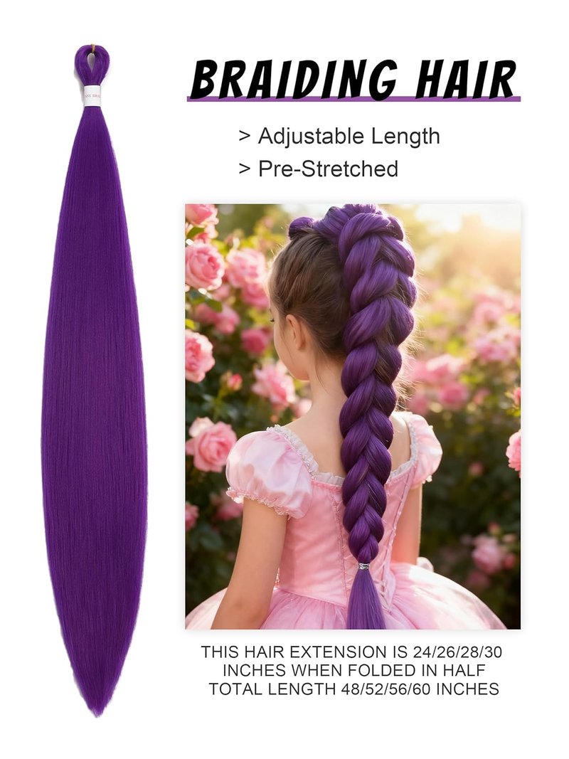 Purple Hair Extensions - Long Pre-Stretched Synthetic Braiding Hair | 26 Inch Twist Braids for Cosplay & Costume Parties