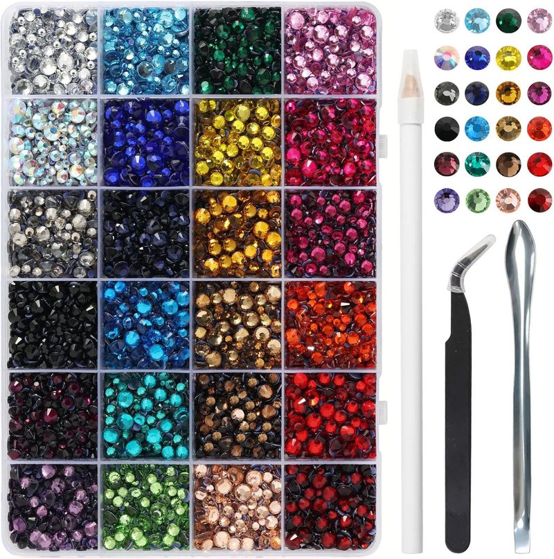 Hotfix Rhinestones - 24 Color Mixed Craft Gems with Tweezers, Wax Pencil & Scoop | Multi-Sized Crystals