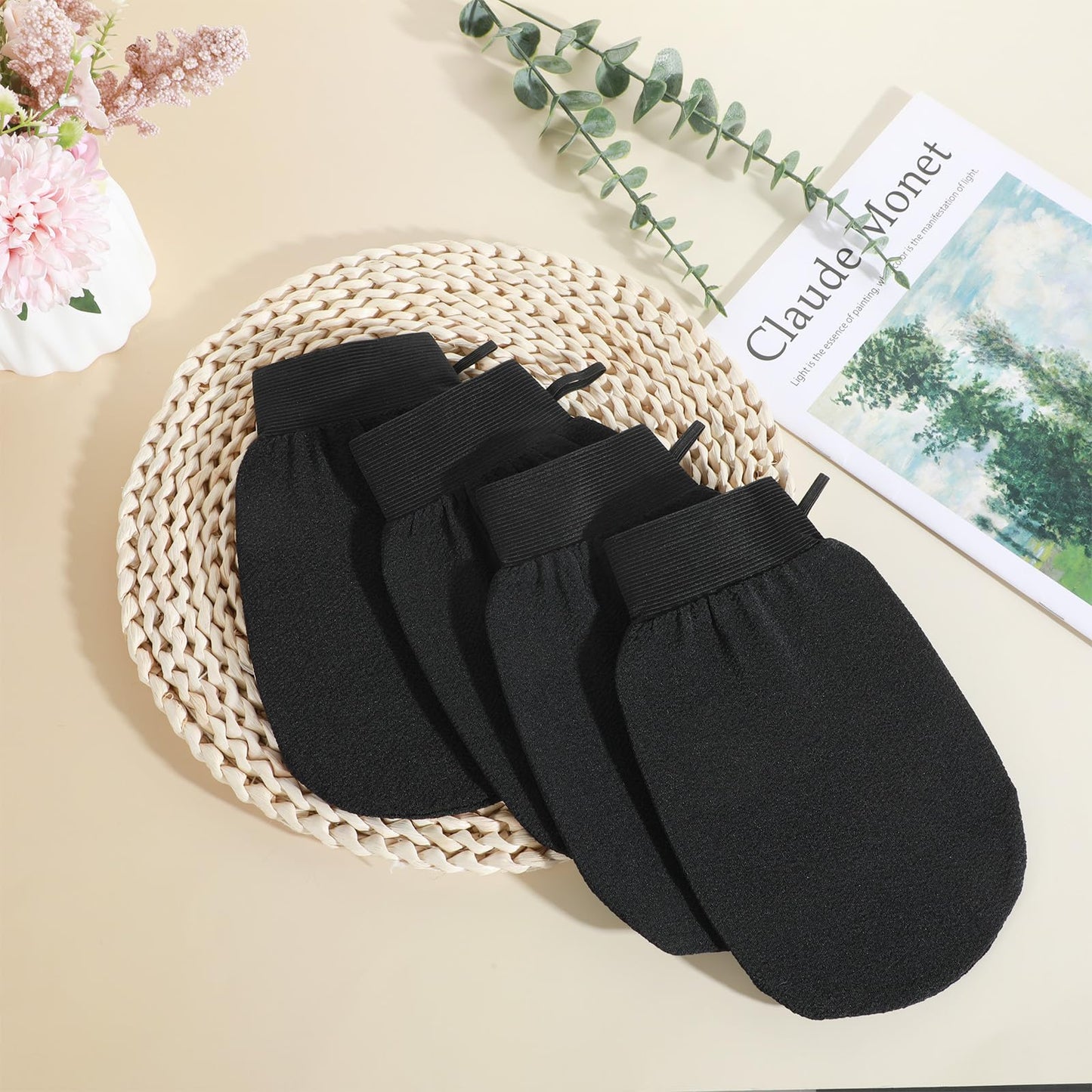 2 Pairs Exfoliating Mitt for Body, Double Sided Exfoliating Glove Body Scrubber, Heavy Shower Gloves for Bodys Scrub, Exfoliates & Removes Dead Ski, Asian Bath Massage Mitts for Women and Men, Black