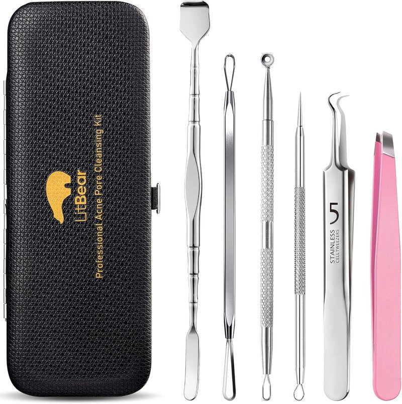 Litbear Blackhead Remover Tool Kit - 6 Pcs Acne Extractor Set with Leather Case for Deep Cleansing