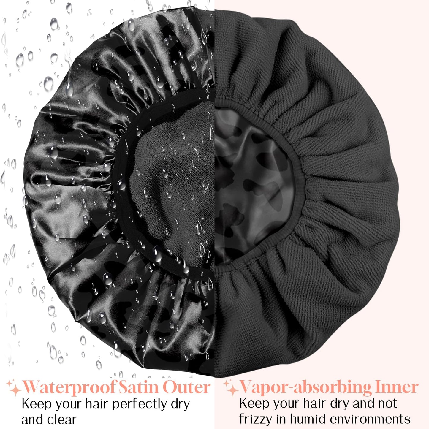 BHAHB Luxury Shower Cap Reusable Terry Cloth Lined EVA Triple Waterproof Layer Elastic Hair Bath Caps for Women Girls Cute-Black Leopard