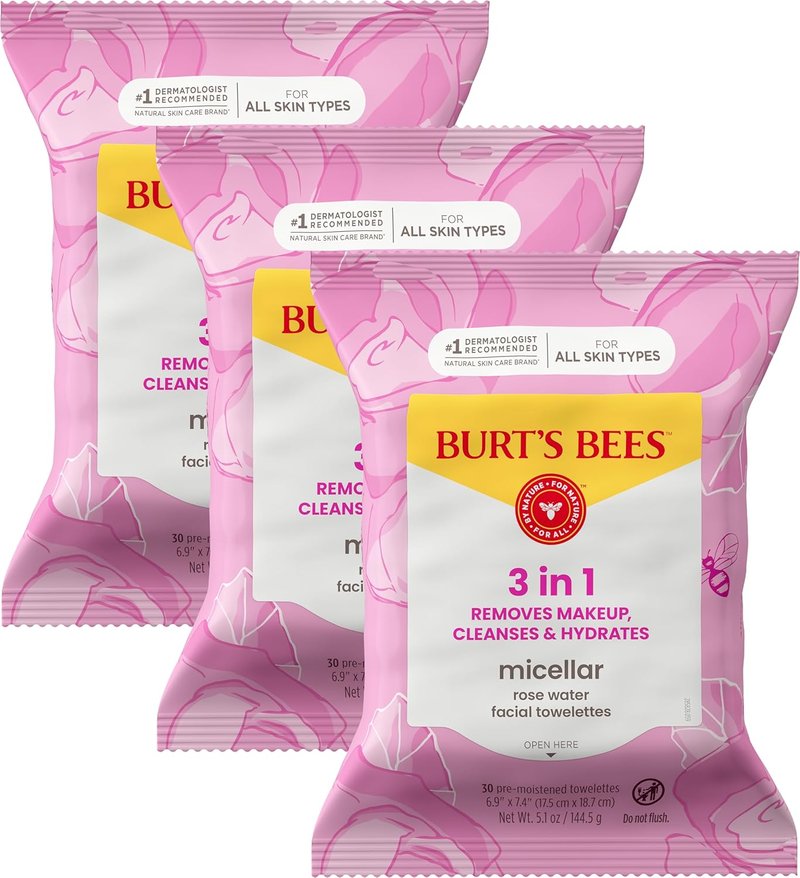 Burt's Bees Micellar Rose Water Facial Towelettes - 100% Plant-Based Cloth, 30 Ct | Hydrating Makeup Remover for All Skin Types