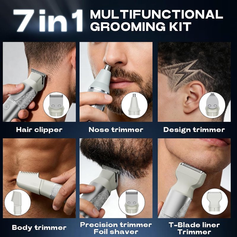 Beard Trimmer for Men - Waterproof IPX7, 2-Speed Settings, Adjustable Comb | 6-in-1 Grooming Kit - Deep Silver
