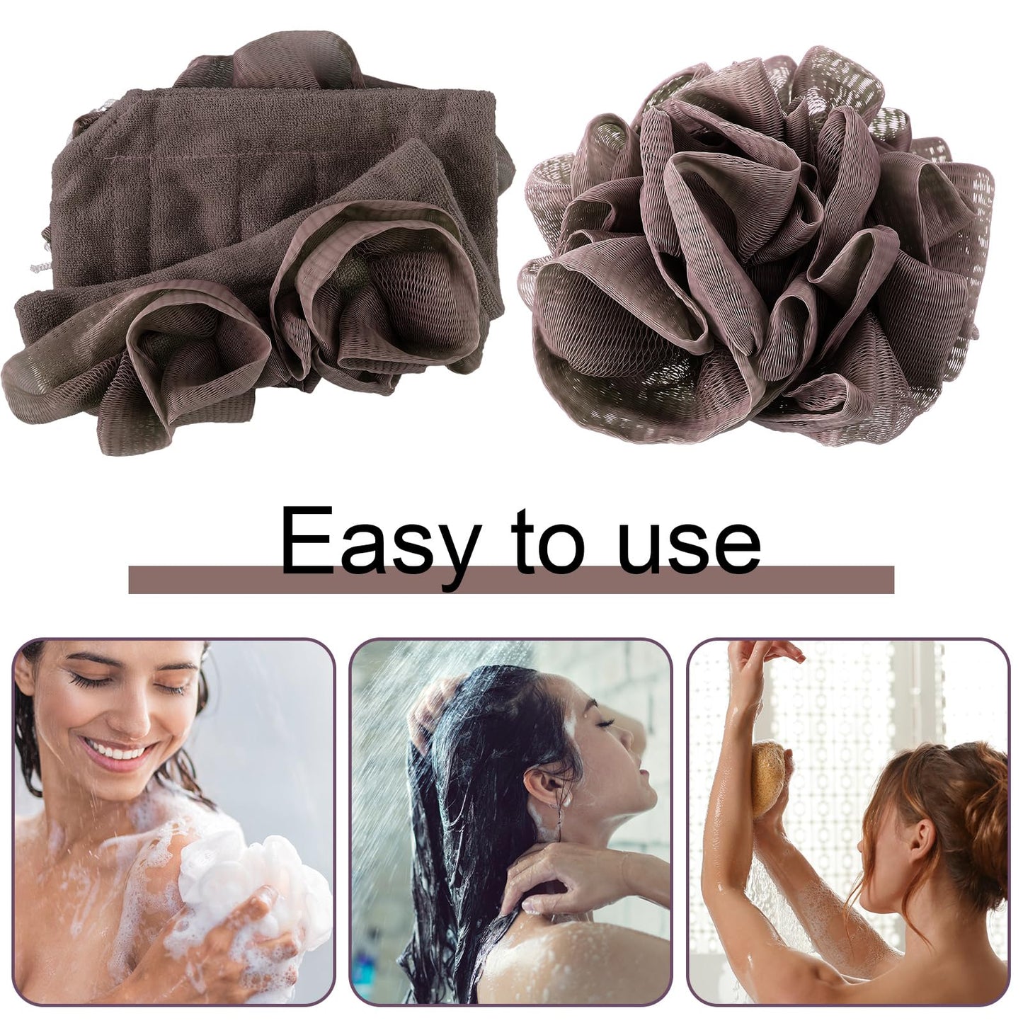 Swiffen 3 Pcs Washcloth Loofah Combo, 2 in 1 Bath Loofah Sponge with Drawstring, Exfoliation Mesh Shower Puff Ball for Body Wash Cleansing and Smooth Skin (Grey Coffee Beige)
