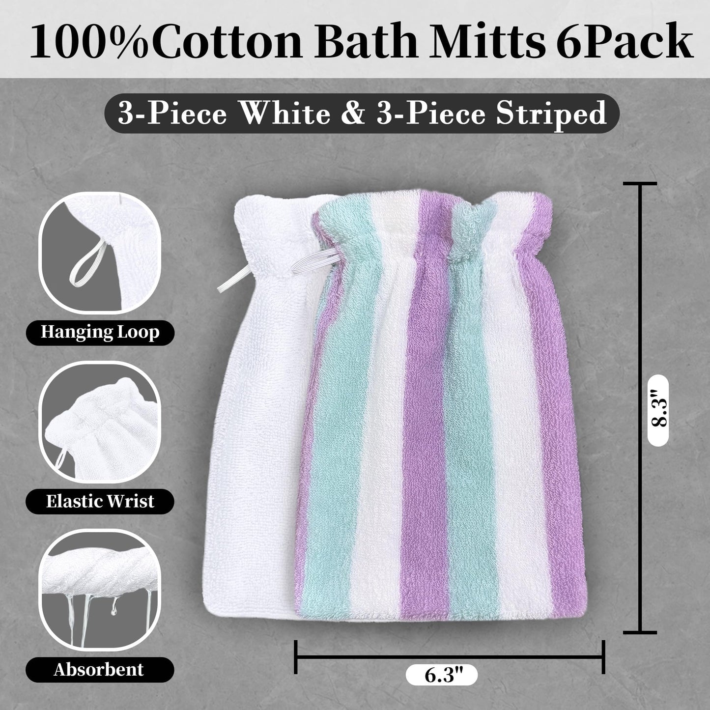 VOOVA & MOVAS Kids Bath Mitts 6-Pack, 100% Cotton Soft Absorbent Wash Cloths with Hanging Loop, 8.3x6.3 Inch European Style Bath Mitt for Toddler Shower, Purple Aqua Stripe & White