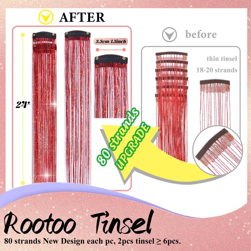 Hair Tinsel Clip in Red Fairy Hair Tinsel Kit, 12 Pcs 24 Inch Glitter Clip in Hair Extensions for Girls Women Kids Christmas New Year Festival Party (Red)