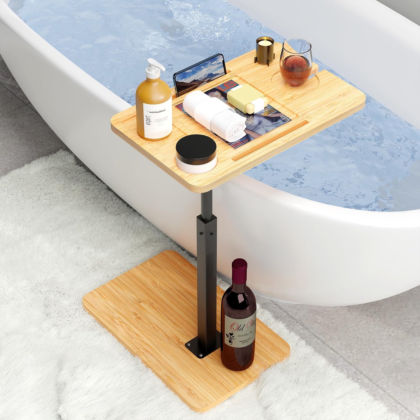 Bathtub Caddy Tray Table with Adjustable Height, Freestanding Bath Caddy Tray with Reading Rack, Tablet Holder, Cellphone Tray and Wine Glass Holder, Organizer Tray-B