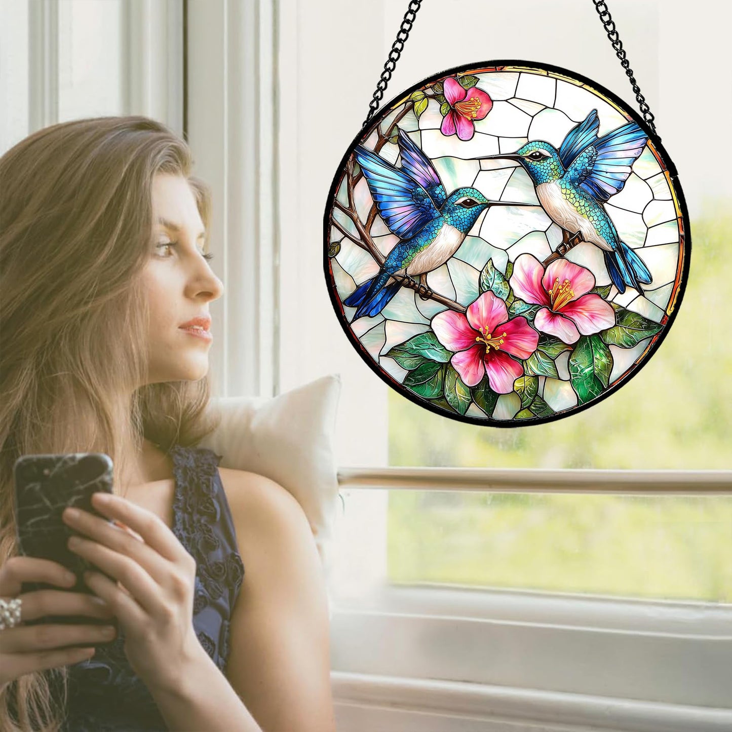 JOSUMALY Stained Glass Window Hanging - Blue White Hummingbirds Pink Flowers Suncatcher for Door Terrace Garden Home Decor Bird Sun Catcher Birthday Gifts for Lovers Women Men Dad Mom Nana 7.8 in