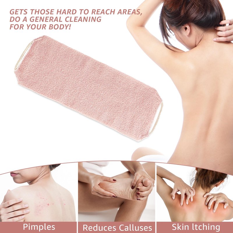 Culture Gifts Extended Exfoliating Back Scrubber with Handles, Nylon Cleaning Exfoliator Washcloth for Body, Stretchable Pull Strap Soft Quick-Drying Rough Scrub Towel, Pink