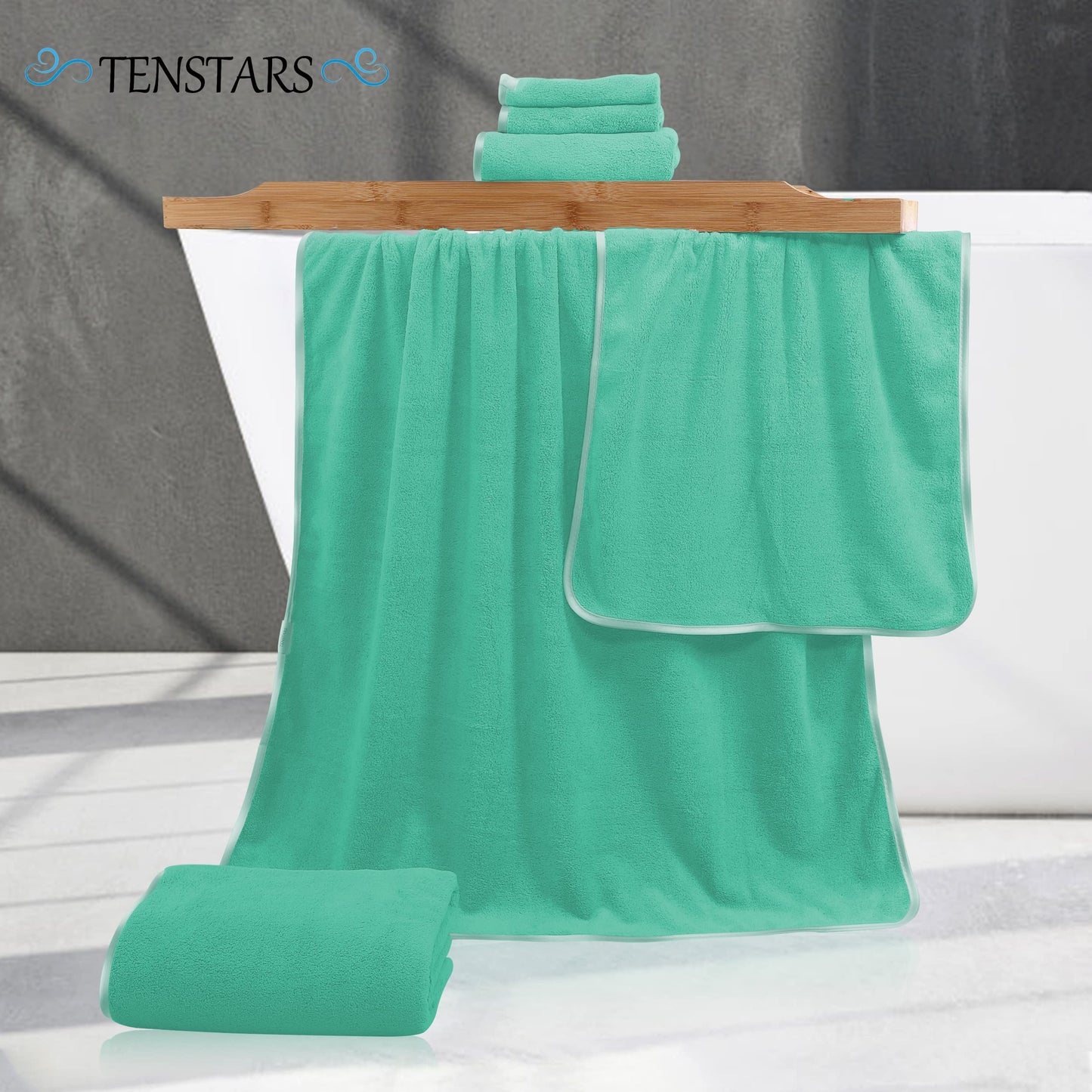 TENSTARS Luxury Silk Hemming Towel Set - Light Thin Quick Drying - 2 Bath Towels 2 Hand Towels 2 Washcloths - Ultra Soft Microfiber Towel for Bath Fitness, Sports, Yoga, Travel (Aqua Green, 6 Pieces)