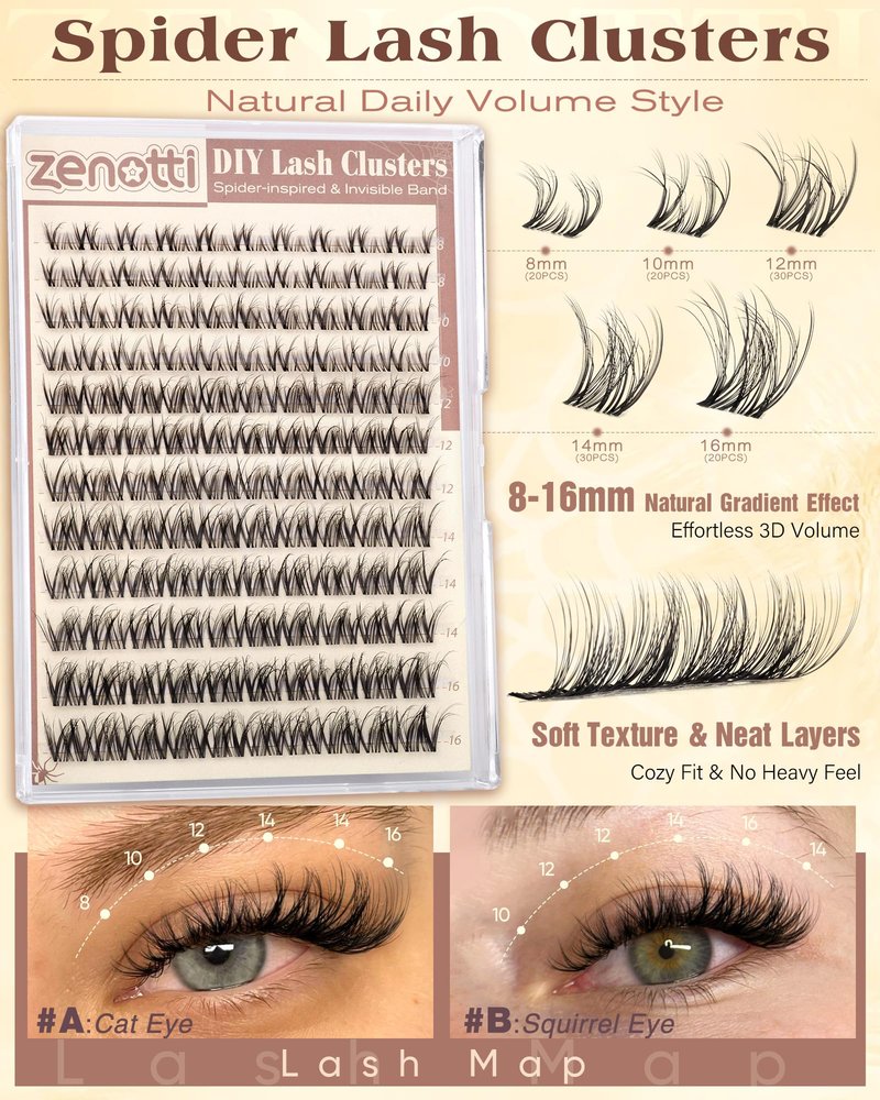 Natural Lash Clusters Spider Lashes Cluster Breeze Wispy Cluster Eyelash Extensions Venus Individual Lashes with Invisible Clear Band DIY Lash Extension for Lash Beginners 8-16mm D Curly by zenotti