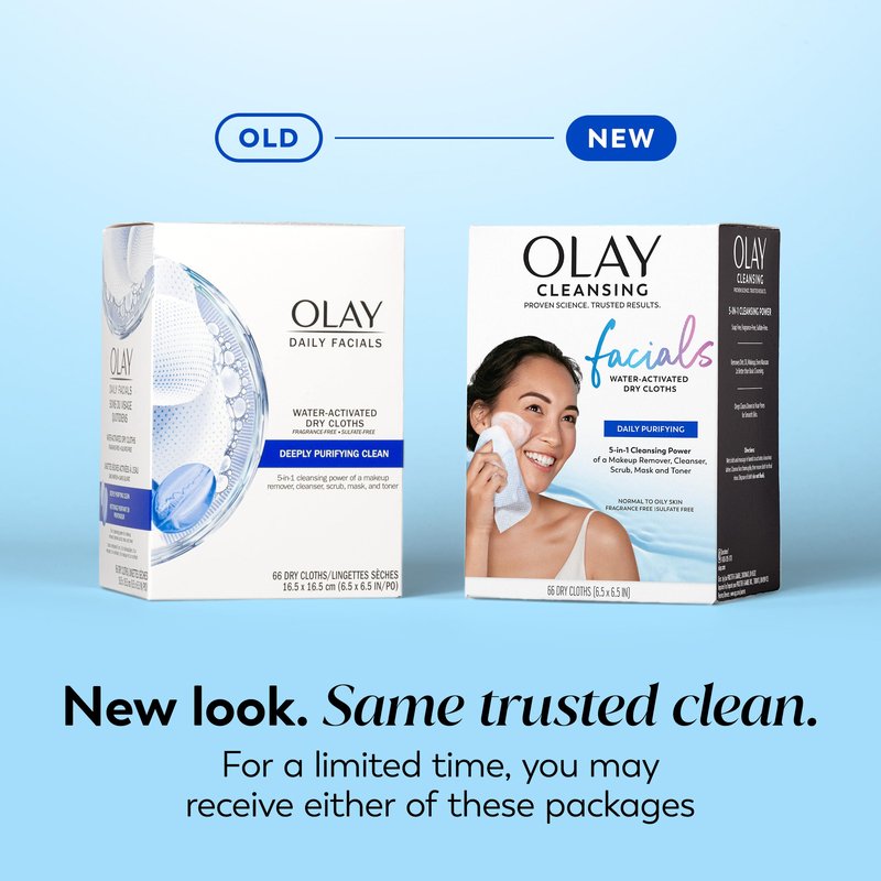 Olay Makeup Remover Wipes, Daily Facials Deep Clean Face Cleanser for Normal to Oily Skin, Alcohol & Fragrance Free, Soft Face Wash Towels, Travel Essentials for Women, Convenient Dry Cloths, 66 ct