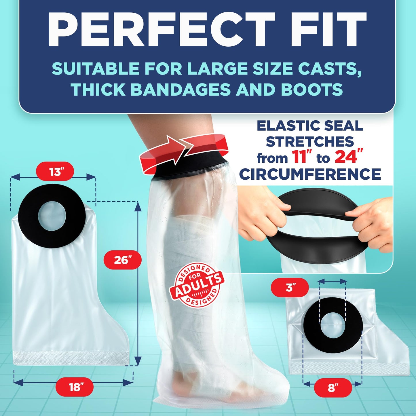 100% Waterproof Cast Covers for Shower Leg - Tight Seal - Reusable Adult Half Leg Cast Protector with Non-Slip Bottom - Knee, Ankle, Foot - Post Surgery Bandage & Dressing Bag for Wounds & Burns