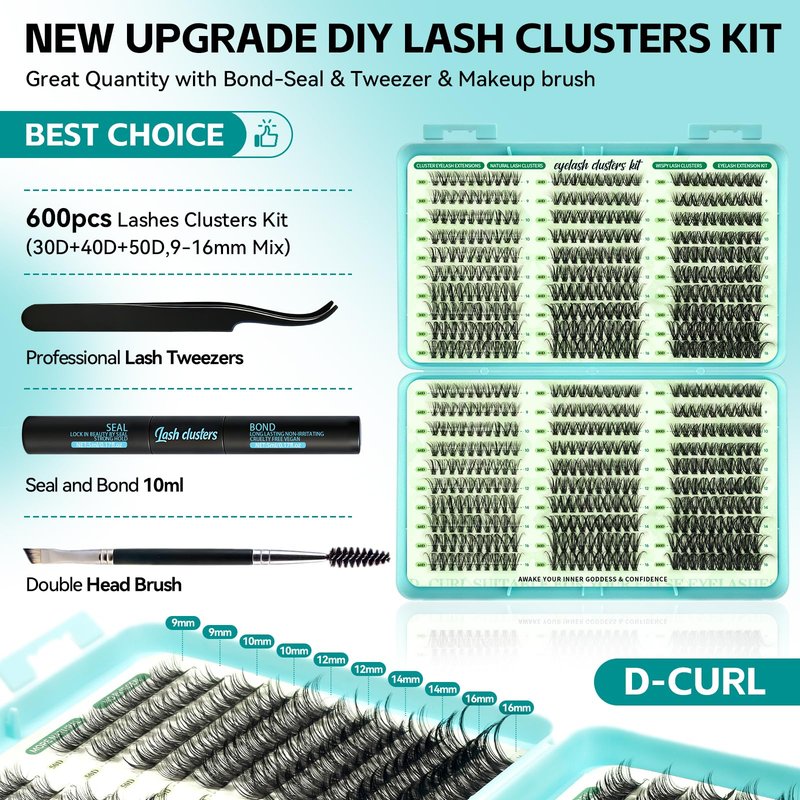 600 Pcs Wispy Lash Clusters Kit, D Curl Lashes Clusters Natural Look 9-16mm Individual Super Thin Band DIY Cluster Eyelash Extensions Kit with Bond Seal Tweezers Brush (30D 40D 50D Mix)