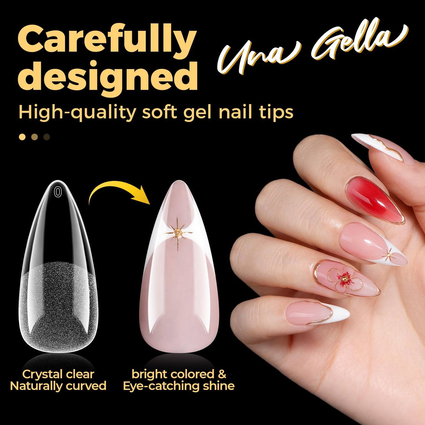 UNA GELLA Medium Stiletto Nail Tips, Pre Etched Stiletto Press on Nails, 240Pcs Clear Soft Gel Nail Tips Full Cover Fake Nails for DIY Art Salon At Home 12 Sizes