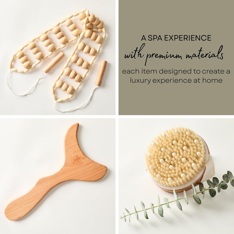 Abundantly Made Co. 7-Piece Lymphatic Drainage Massage Kit | Dry Brush, Wooden Paddle, Rope Roller, Jade Gua Sha, Silicone Cup, Linen Bag & E-Book | Wood Therapy, Maderoterapia & Body Sculpting Tools