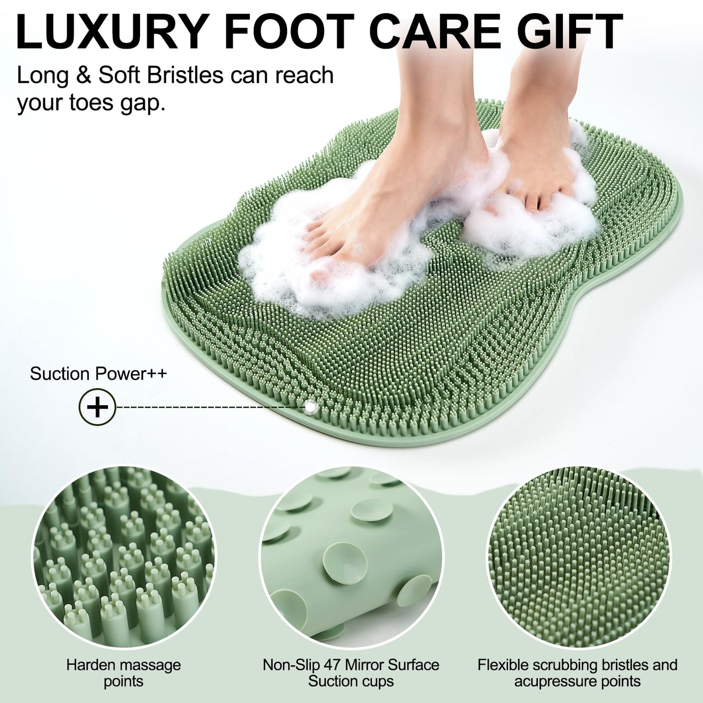 EaTubano Bath Shower Foot Scrubber Mat - Silicone Shower Foot Scrubber Mat (XL) Cleaner Foot Toes Clean Pad Without Bending Non-Slip Suction Cups Bathroom mat 17.2 * 13 inch - Green