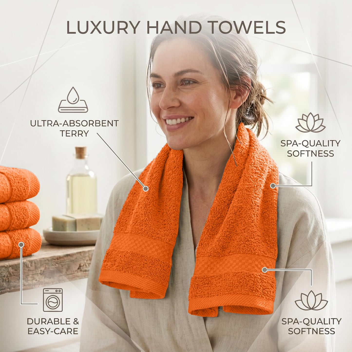 RIVERSIDE 6-Pack Premium Hand Towels Set, 16x28 inches, 100% Ring Spun Cotton, Super Soft, Quicker to Dry and Highly Absorbent, Towels for Bathroom, Kitchen, Gym, Spa, Orange