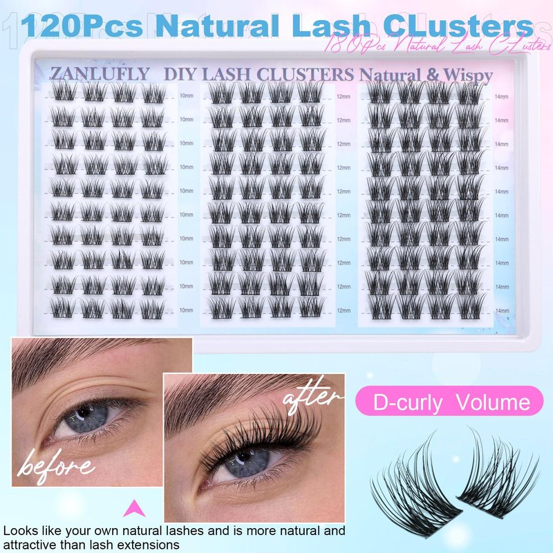Lash Clusters Natural Eyelash Clusters D-Curly Cluster Lashes zanlufly Wispy Individual Lashes Cluster Eyelash Extension 10 12 14MM DIY Lash Extension