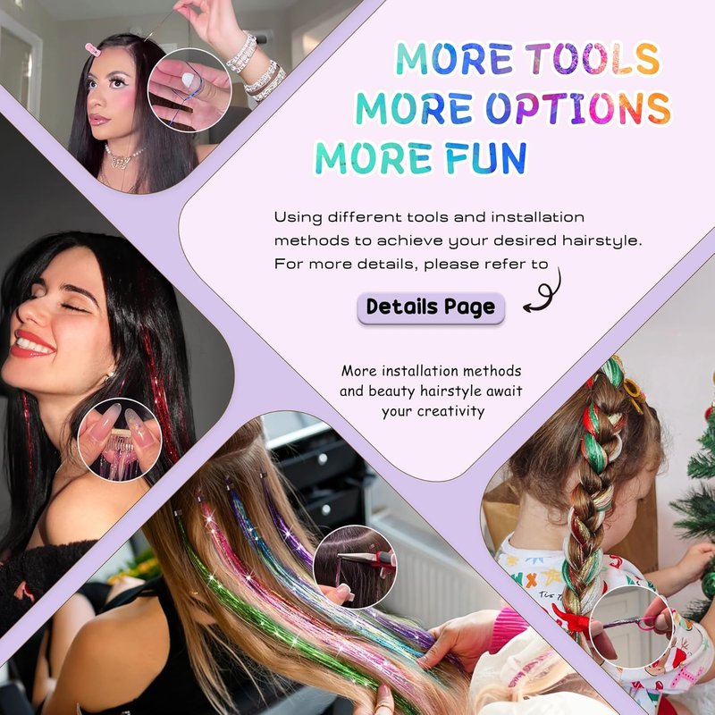 Hair Tinsel Kit - 16 Colors Heat Resistant Glitter Extensions for Girls | 48 Inches Long