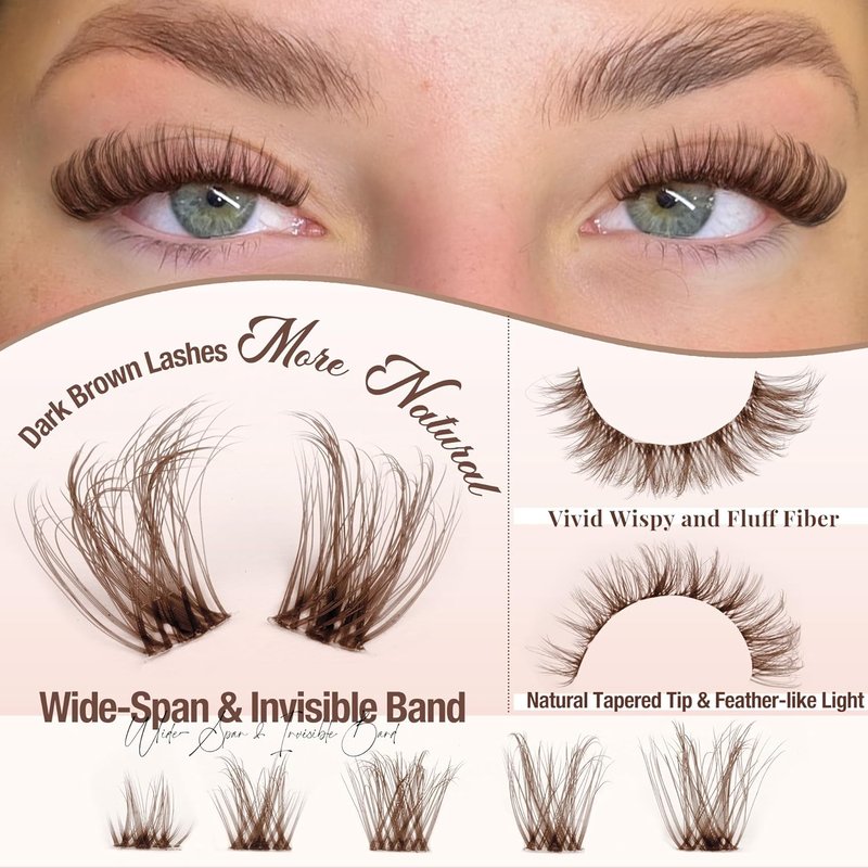 Skiennix Brown Lash Clusters - Natural Wispy Eyelash Extensions with Invisible Band | 8-16mm D Curl