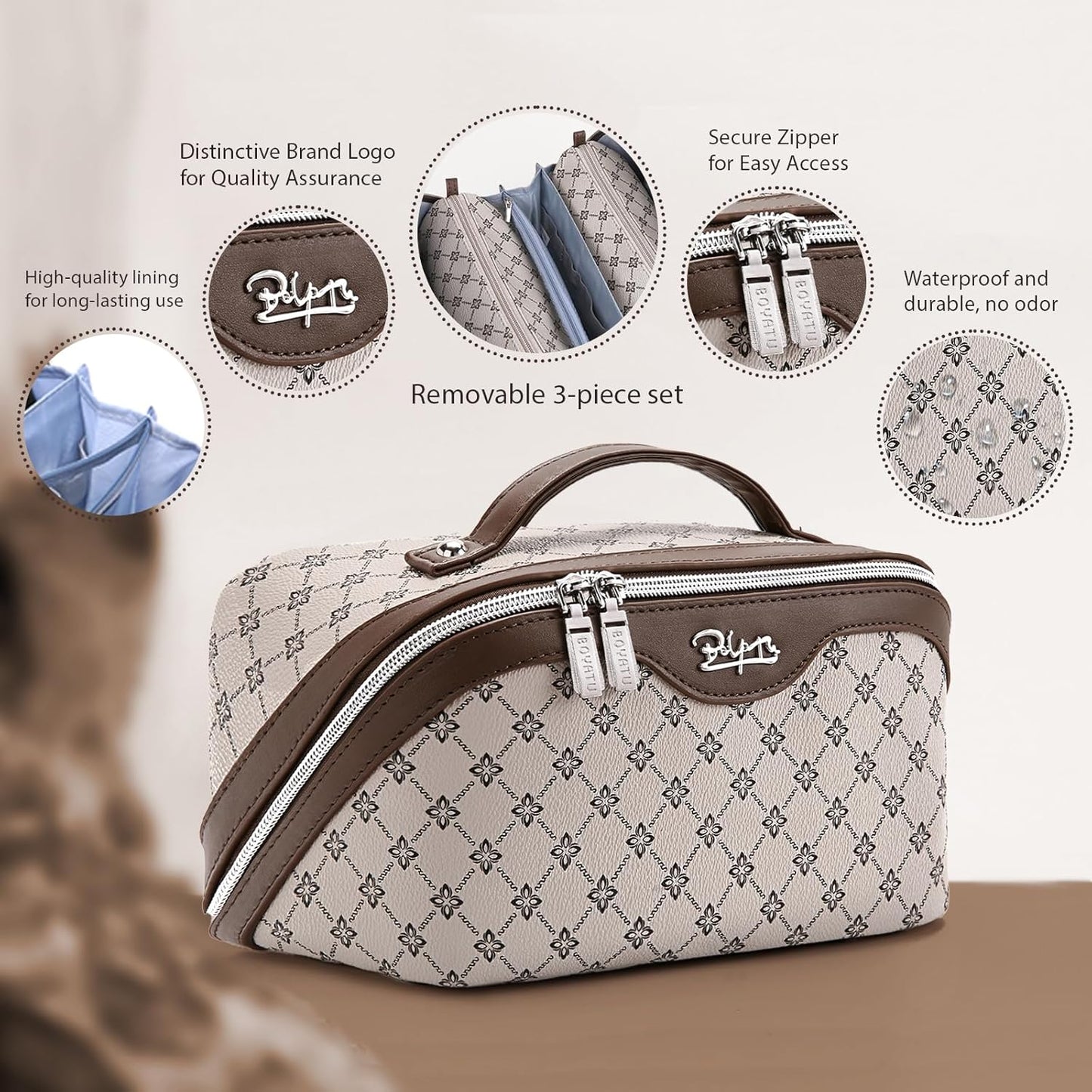 Travel Makeup Bag Set - 3 Pcs Large Capacity Vegan Leather Cosmetic Organizer | Khaki