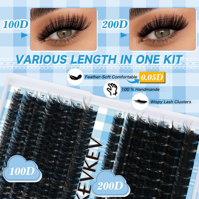 Lash Extension Kit 280pcs Volume Lash Clusters 100D+200D Lash Clusters Kit 10-18mm Individual Lashes Kit With Lash Bond And Seal，Lash Tweezers Thick Lash Extension Kit DIY At Home(0.05D,100D+200D)