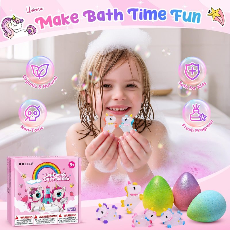 Bofuoos Unicorn Bath Bombs with Surprise Toys Inside, Birthday Gifts for Girls, 9 Packs Natural Organic Bubble Bath Bomb for Kids Girls Daughter Granddaughter (36+ Months)