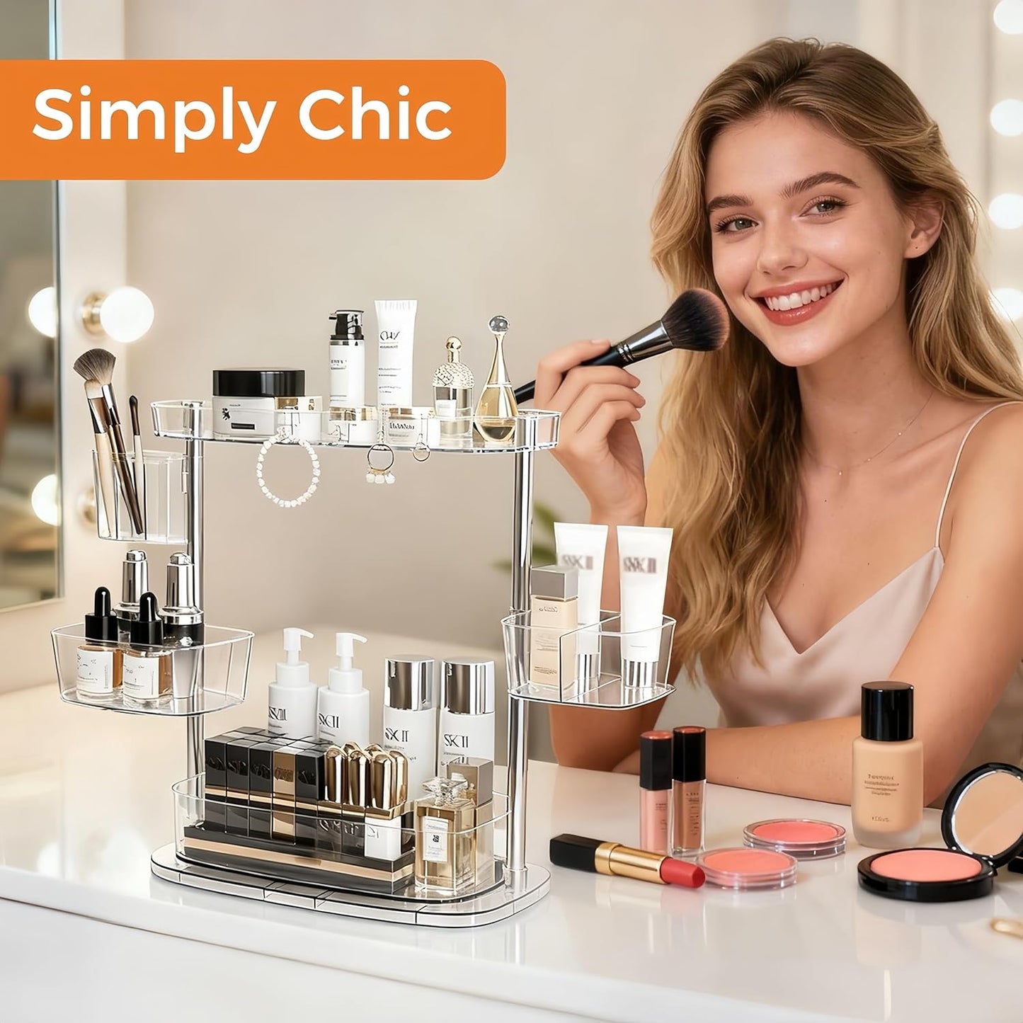 Skiennix Rotating Makeup Vanity Organizer - Stylish Bathroom Countertop Storage with Detachable Trays & Hooks
