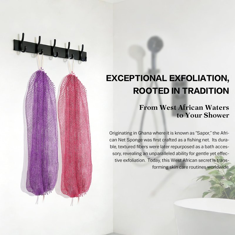 UJFQBH African Net Sponge Authentic 2-Pieces Exfoliating Body Scrubber for Shower & Bath, Deep Cleansing Lather for Dead Skin Removal, Back Scrubber for Women & Men (Pink 、Purple