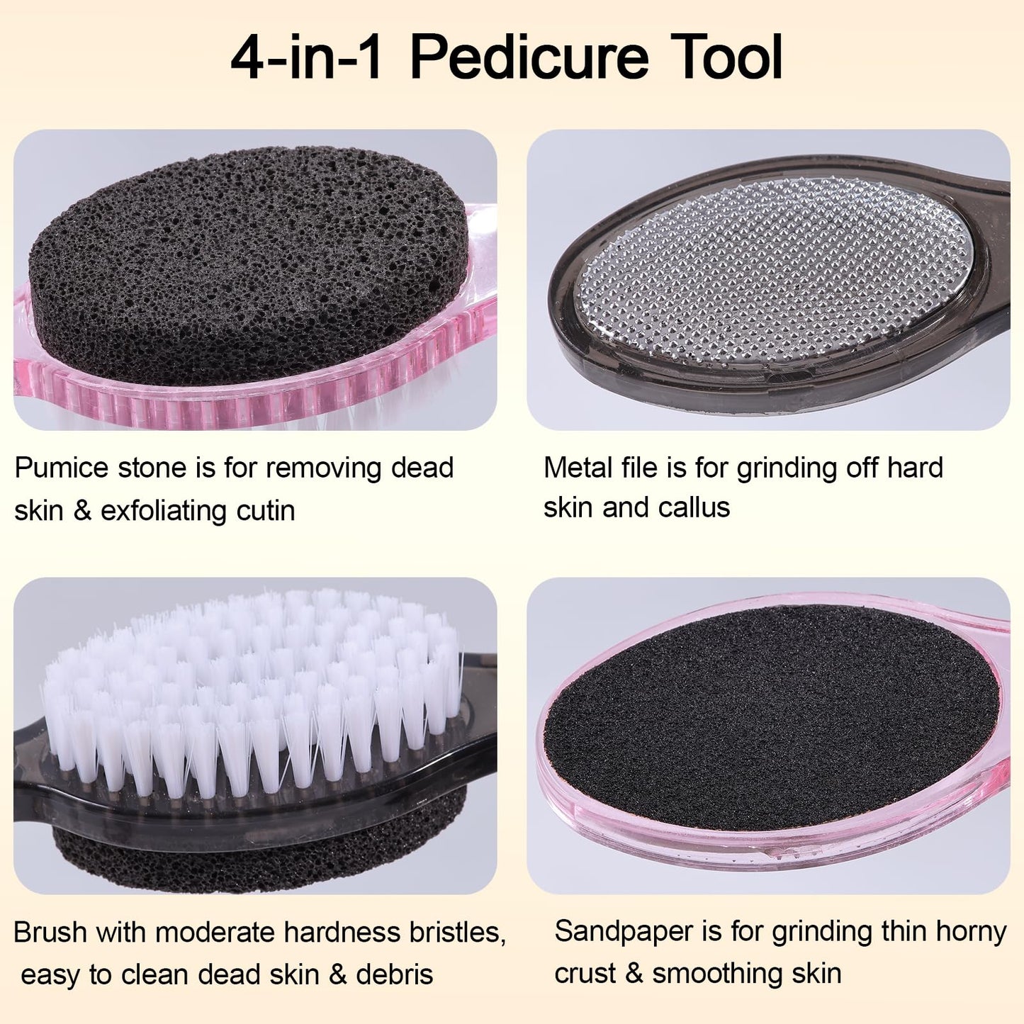 YIOYOODA Foot Brush and Pumice Stone for Feet, 4-in-1 Foot File Callus Remover, Feet Scrubber Brush, Rasp and Sand Paper Pedicure Tools, Multi Purpose for Home Foot Care, 2 Pcs, Clear Black and Pink