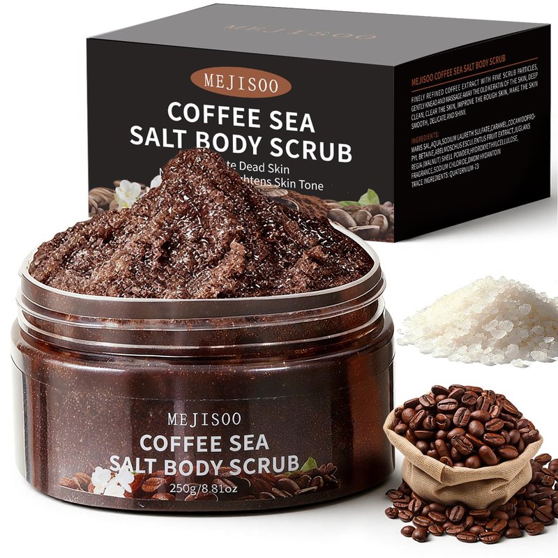 Coffee Sea Salt Body Scrub – Exfoliating & Moisturizing Scrub with Coconut Oil & Shea Butter – Anti-Cellulite Treatment for Smooth Skin – Organic, Vegan, 8.8 oz