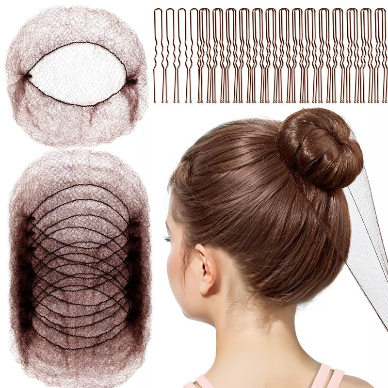 Hair Net for Kids - 20PCS Invisible Hair Nets with 40PCS U Shaped Bobby Pins | 30cm Bun Hair Accessories for Girls - Brown